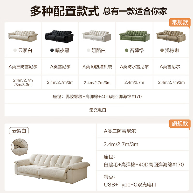 Quanyou Home Modern Simple Yunlang Sofa Living Room Removable and Washable Fabric Sofa Small Apartment 2025 New Straight Row Sofa Regular Style | Three-proof Chenille Cloud White | 2.7m Mother-infant Contact Fabric + Fully Removable and Washable + White Goose Feather + Increased Seat Depth