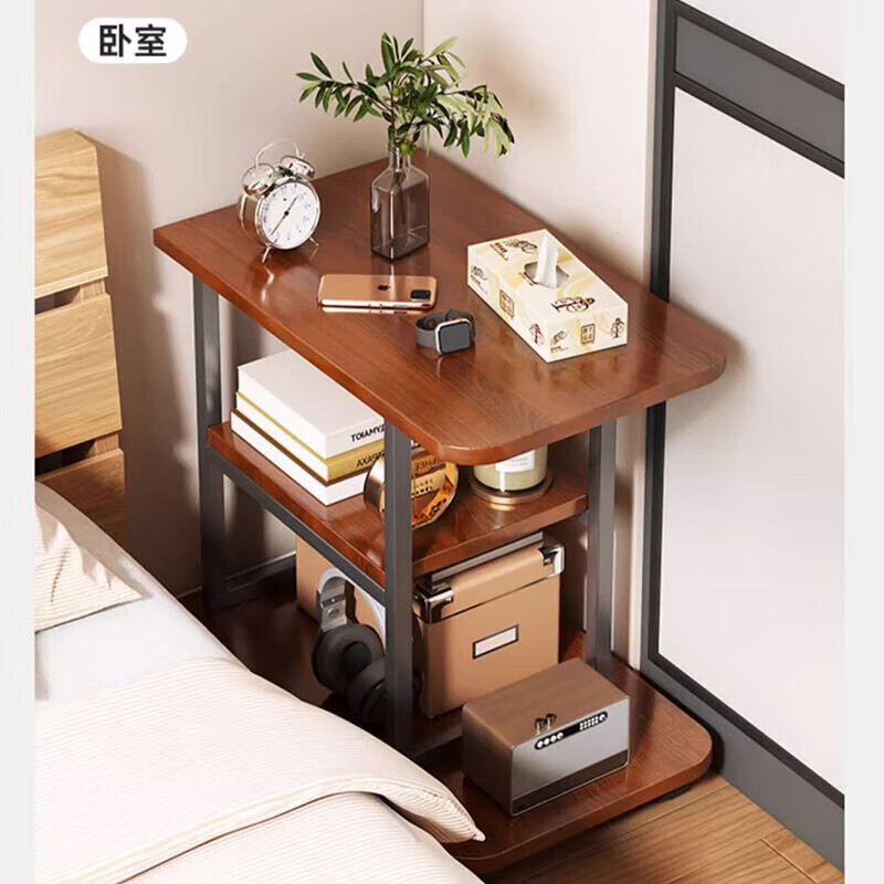 Side table coffee table small apartment sofa side table movable tea table living room multi-functional storage corner table side cabinet tea table H166C walnut + black shelf 60*30cm