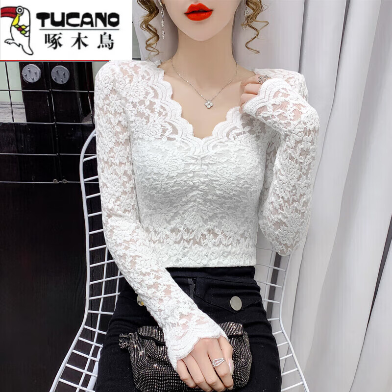 Woodpecker high-end V-neck lace bottoming shirt for women 2025 spring new small shirt with velvet inner long-sleeved mesh top for women Black Garib L 110-120