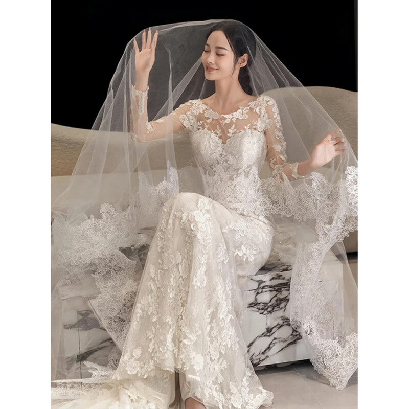 Wei Lianmenglan fishtail light wedding dress bride 2025 new French long-sleeved lace high-end niche outing veil welcome slim dress white S size is too small