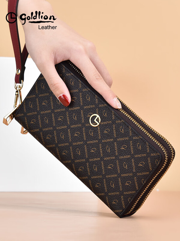Goldlion Wallet Women's Long Large Capacity Light Luxury Handbag High-end Gift for Girlfriend Bag Clutch Coffee Color