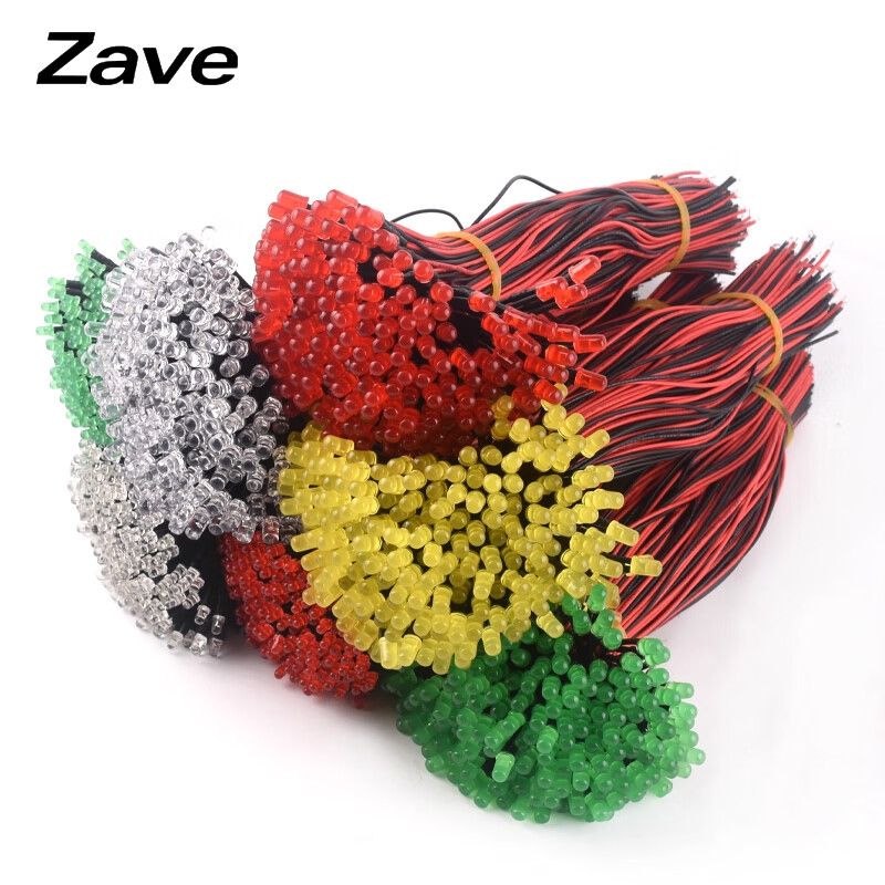 ZAVE high-brightness LED light-emitting diode 3mm white hair red 5V-12V with cable 20CM (5 pieces)