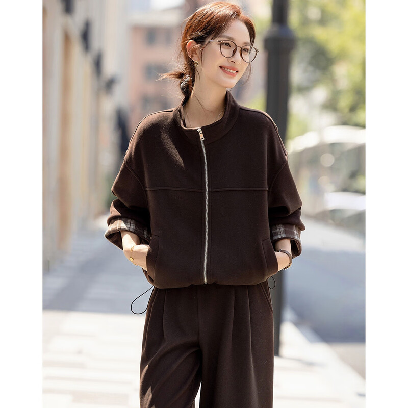 Demana style suit, winter temperament stand-up collar plaid splicing jacket, contrasting color elastic waist trousers, women's two-piece set