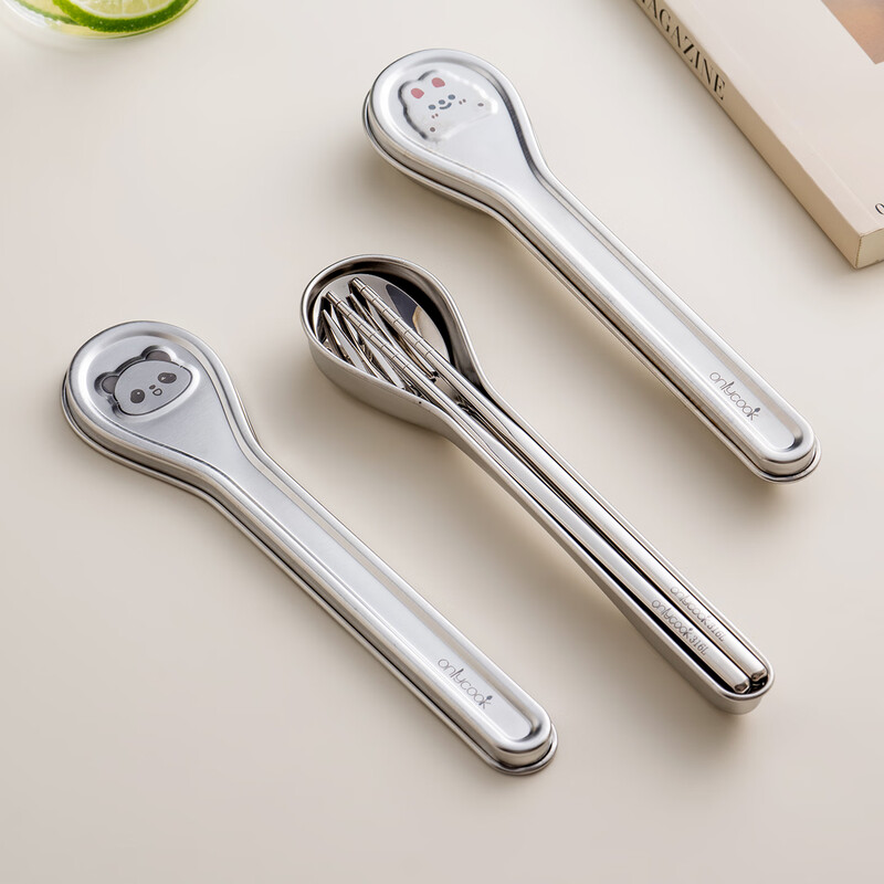 Onlycook316L stainless steel antibacterial chopsticks spoon fork portable tableware set student dedicated chopsticks spoon cutlery storage box compact spoon type portable rabbit style / three-piece set 316L stainless steel