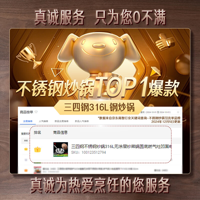 Sansi Steel wok 316L stainless steel food grade cooking uncoated gas concave induction cooker round bottom 32cm 34785