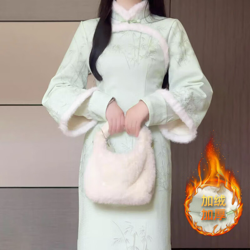 Green plush collar, ladylike style with inverted large sleeves, improved cheongsam for girls, retro Republic of China style dress that can be worn daily, green S (85-95 pounds)