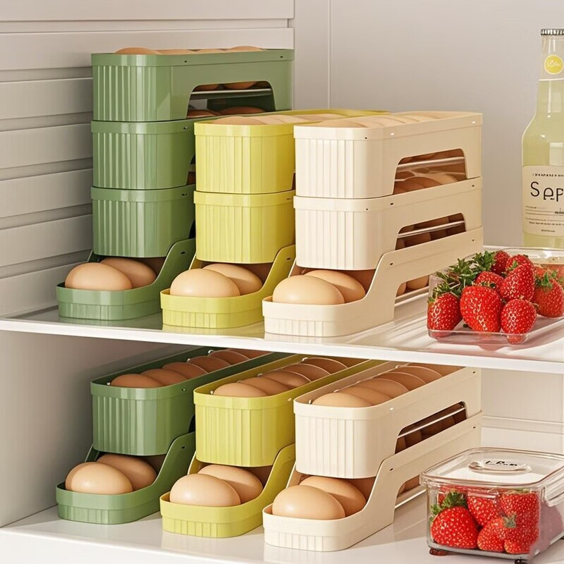 Raft-core refrigerator egg storage artifact food-grade rolling box kitchen multi-layer automatic egg rolling side door support storage box to keep fresh New automatic filling/easy access/side door can be placed/save space 4 layers of off-white detachable I automatic rolling can hold about 40 eggs