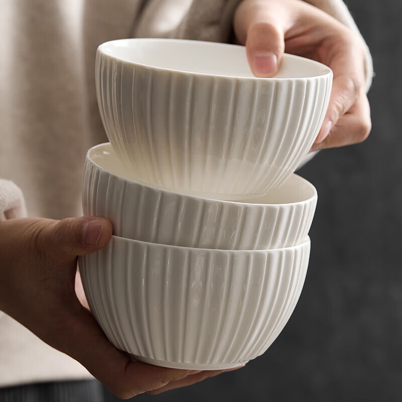 French vertical grain bowl, new rice bowl for home use, particularly beautiful, simple white ceramic small bowl, high-end 2025, 10 pieces, French vertical grain 4.5-inch bowl