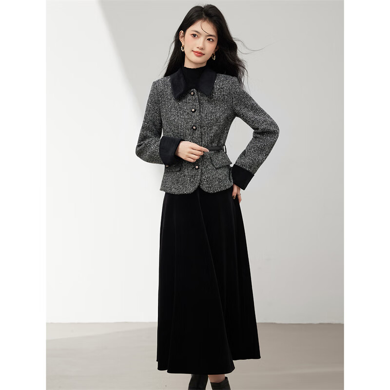 Xinfeiyu French thickened short coat small fragrant style suit for women 25 winter new small velvet skirt two-piece set