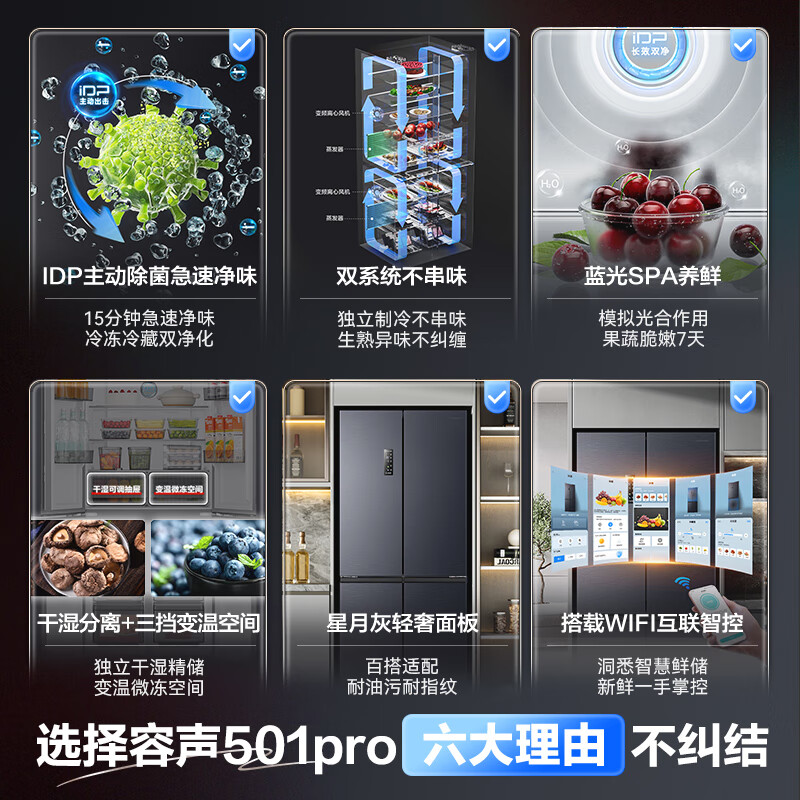 Rongsheng IDP Pure Taste 501pro cross four-door first-class energy-efficiency variable frequency ultra-thin active sterilization dual-cycle dual-system smart refrigerator national subsidy BCD-501WD3FPZ
