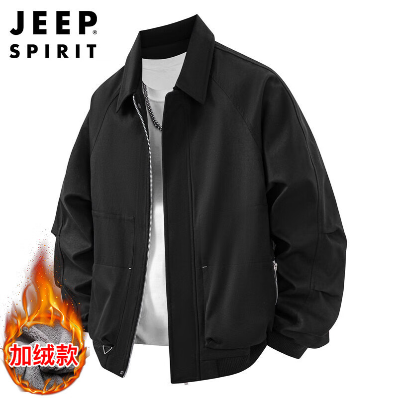 JEEP SPIRIT Jeep Jacket Men's Autumn and Winter American Work Jacket Men's Retro Lapel Men's Black Velvet 2XL