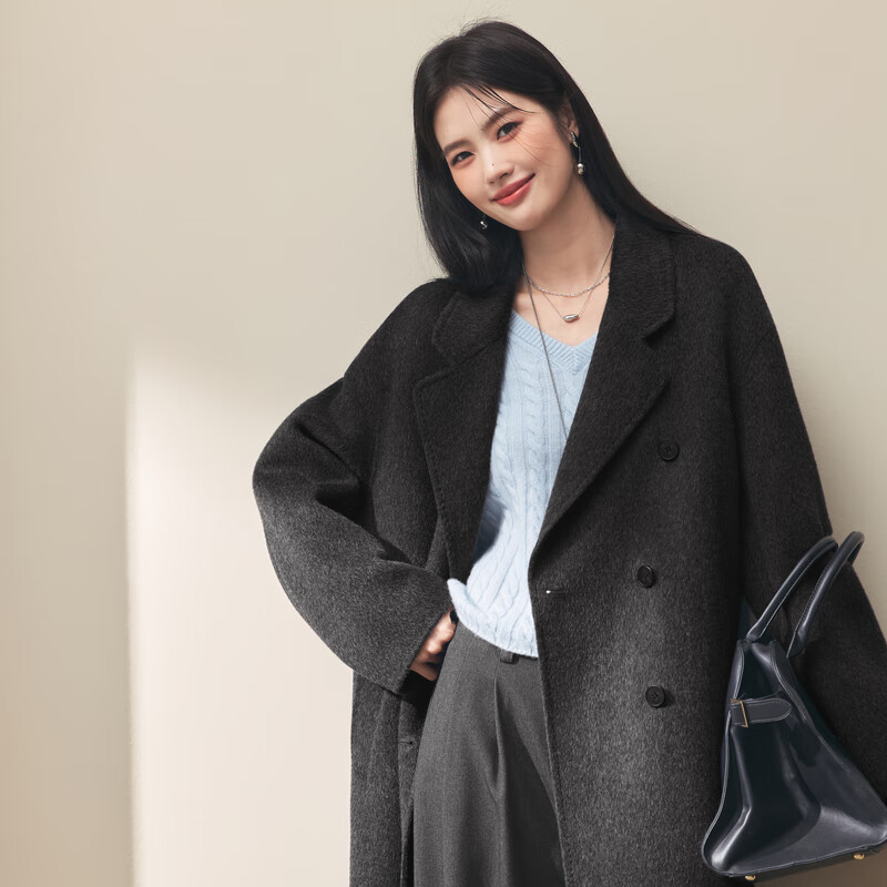 Eveli (eifini) Jiang Xin endorses camel velvet silk double placket double-sided woolen coat for women 2025 autumn woolen dark gray S