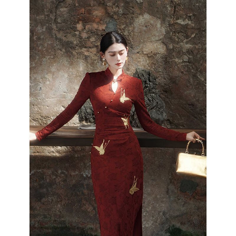 Jialong Mingxiu 2025 red new Chinese style cheongsam women's early autumn long-sleeved jacquard knitted waist dress picture color L