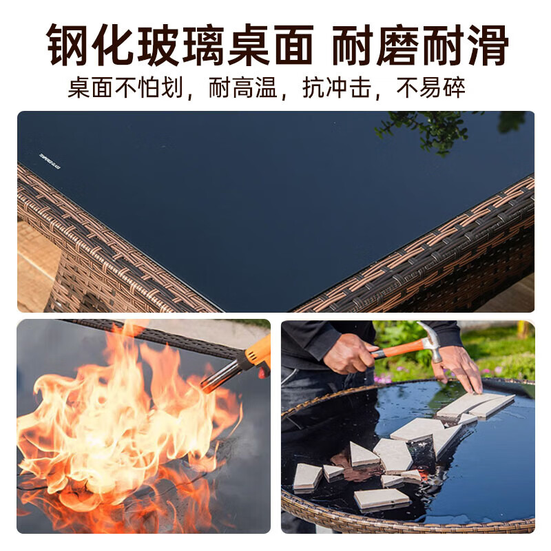 Rattan impression balcony tea table, small tea table, leisure table and chair three-piece set, outdoor open-air rattan chair set, courtyard home tea table, 2 chairs + 58 double-layer round table, free cushions