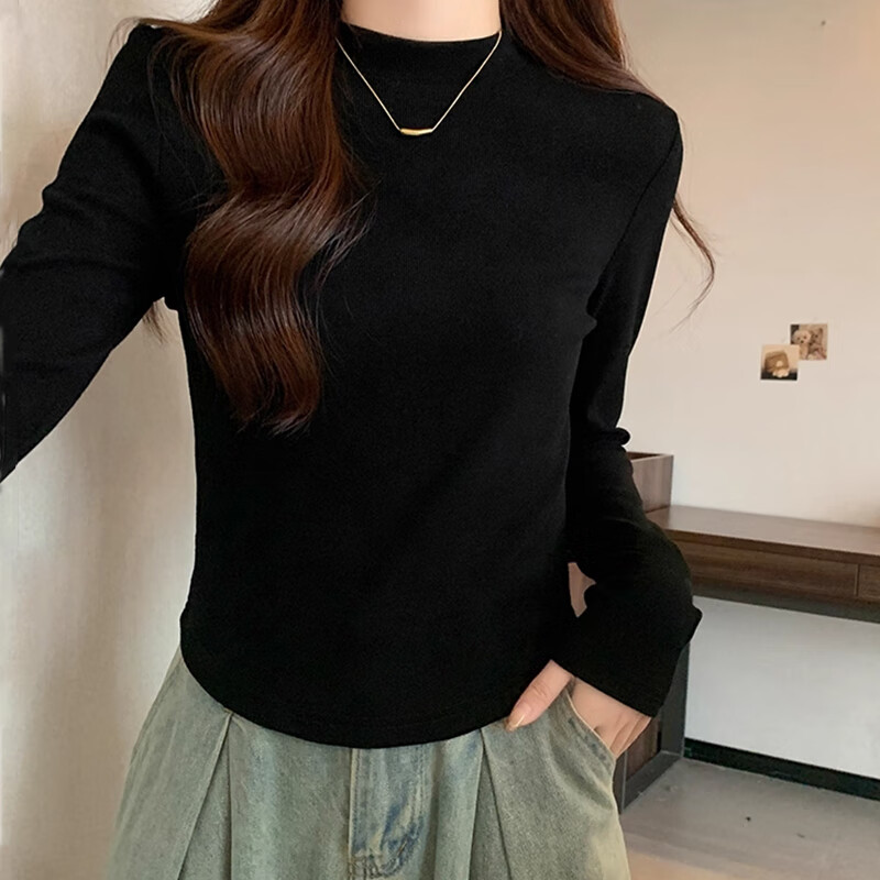 NOME German velvet half turtleneck bottoming shirt for women with long sleeves and autumn and winter half turtleneck scalloped hem top white M