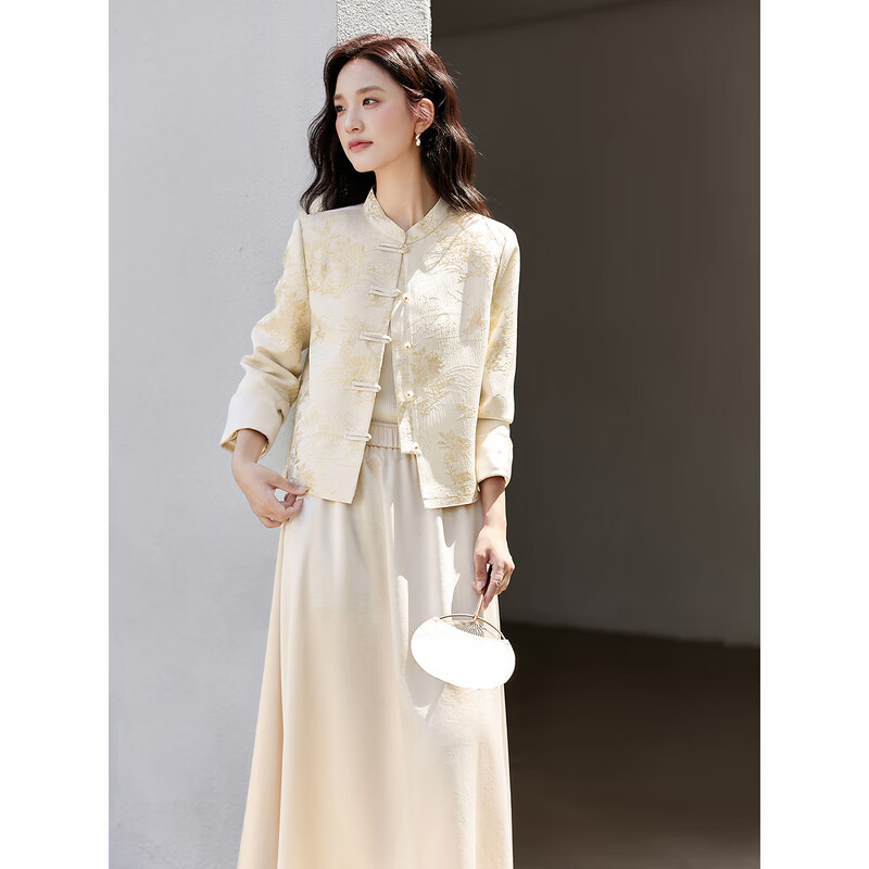 Fanximan New Chinese Style National Style Champagne Color Suit for Women Autumn New Jacquard Jacket and Skirt Two-piece Set Champagne S