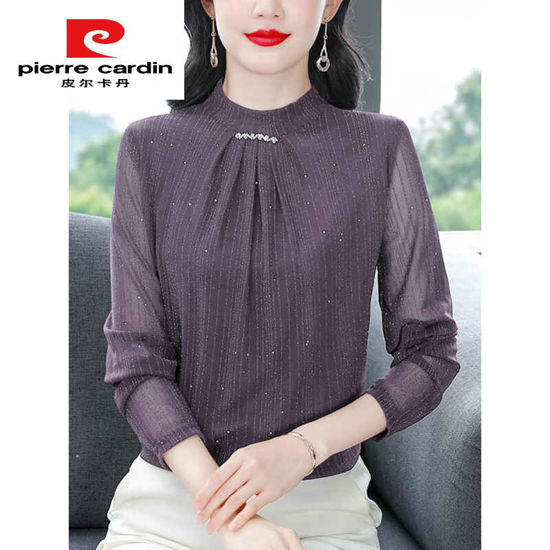 Pierre Cardin half turtleneck purple mesh bottoming shirt for women spring and autumn 2025 new autumn wear with women's T-shirt long-sleeved top Purple M