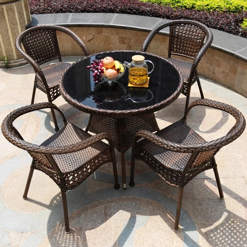 Rattan impression balcony tea table, small tea table, leisure table and chair three-piece set, outdoor open-air rattan chair set, courtyard home tea table, 2 chairs + 58 double-layer round table, free cushions
