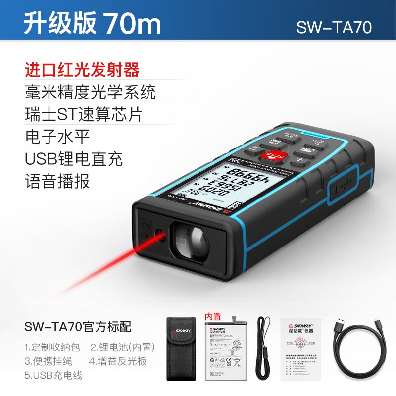 Shendawei Laser Distance Meter High-Precision Handheld Measurement Ruler Distance Electronic Laser Ruler Measurement Room Instrument 70 Meter Upgraded Version (Lithium Battery Voice)
