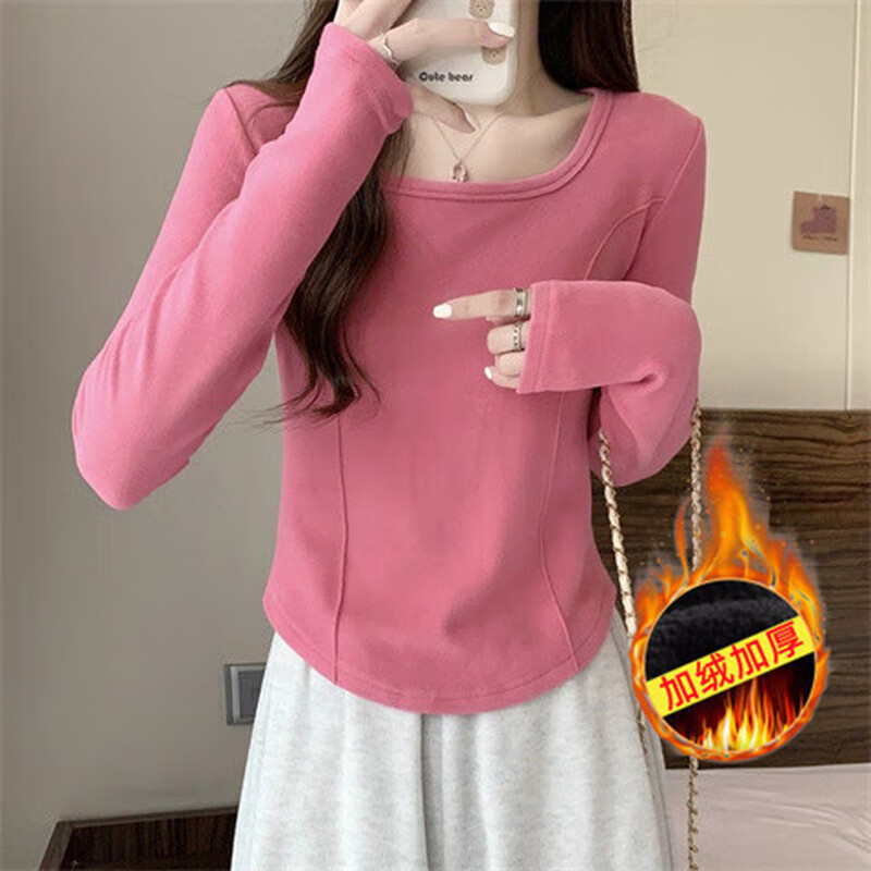 German velvet long-sleeved t-shirt women's base layer warm autumn and winter new u-neck high-end slim fit plus velvet outer top double-sided German velvet continuous constant temperature apricot L recommended 100-120 pounds
