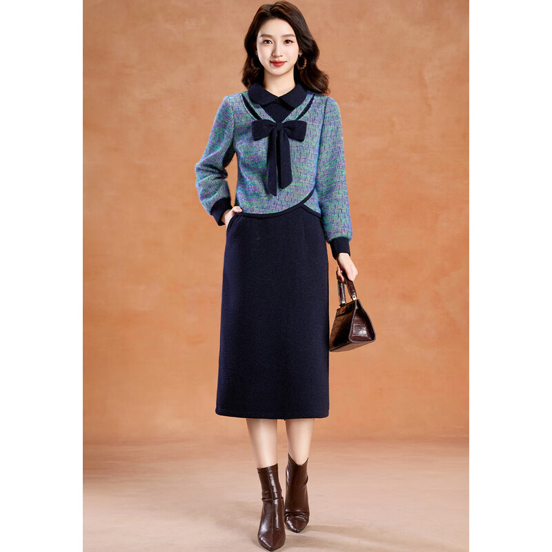 Kebel neckline bow design knitted skirt for women 2025 new winter imitation mink velvet contrasting color stitching two-piece set M