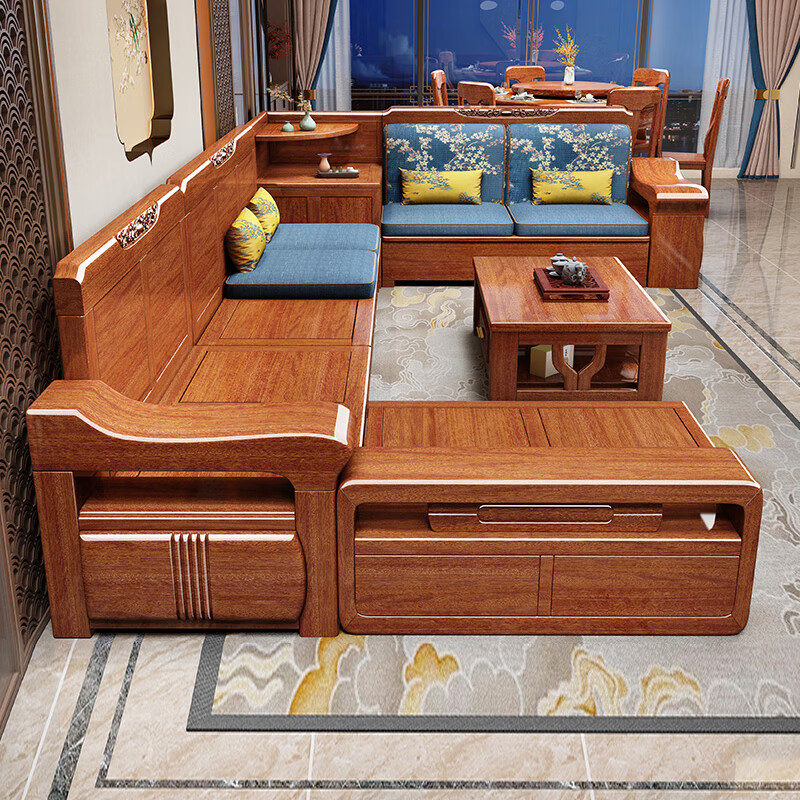 Shunju Treasures Factory direct sales clearance solid wood sofa combination modern new Chinese style wooden sofa simple living room dual use in winter and summer special clearance four seater + corner cabinet + double + imperial concubine + coffee table