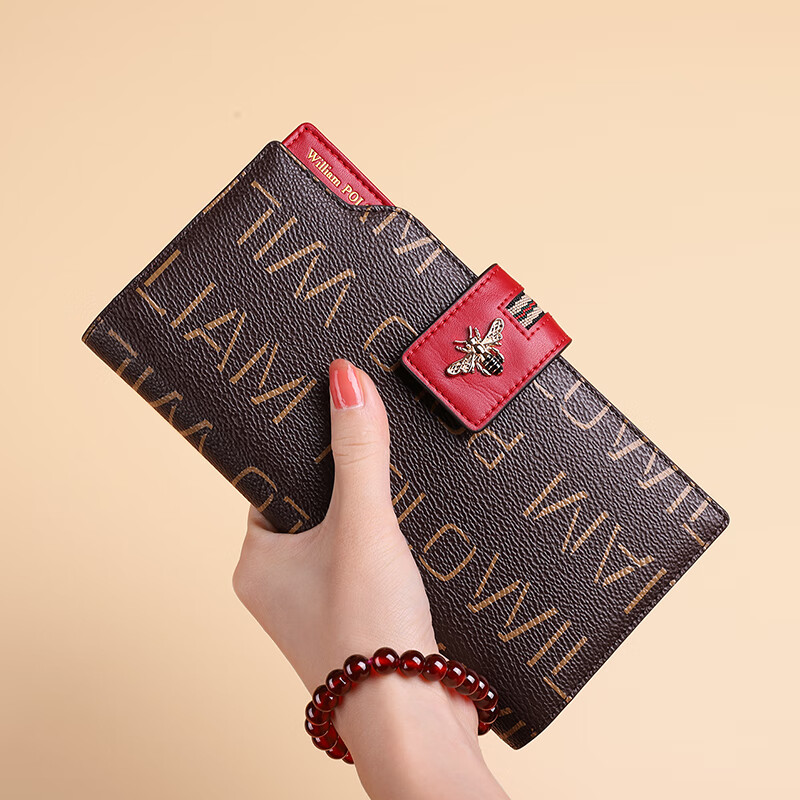 British Paul 2026 new anti-theft brush wallet for women, long leather wallet, large capacity, multiple card slots, multi-functional clutch bag for women, red first layer cowhide, anti-theft brush, anti-degaussing, wrist strap - 18 card slots