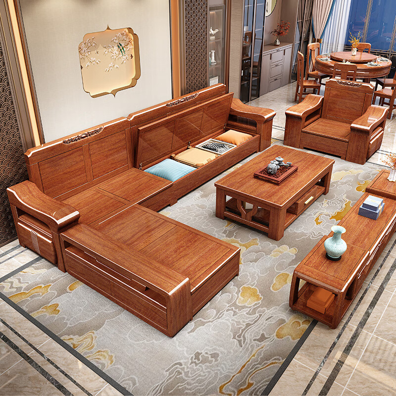 Shunju Treasures Factory direct sales clearance solid wood sofa combination modern new Chinese style wooden sofa simple living room dual use in winter and summer special clearance four seater + corner cabinet + double + imperial concubine + coffee table