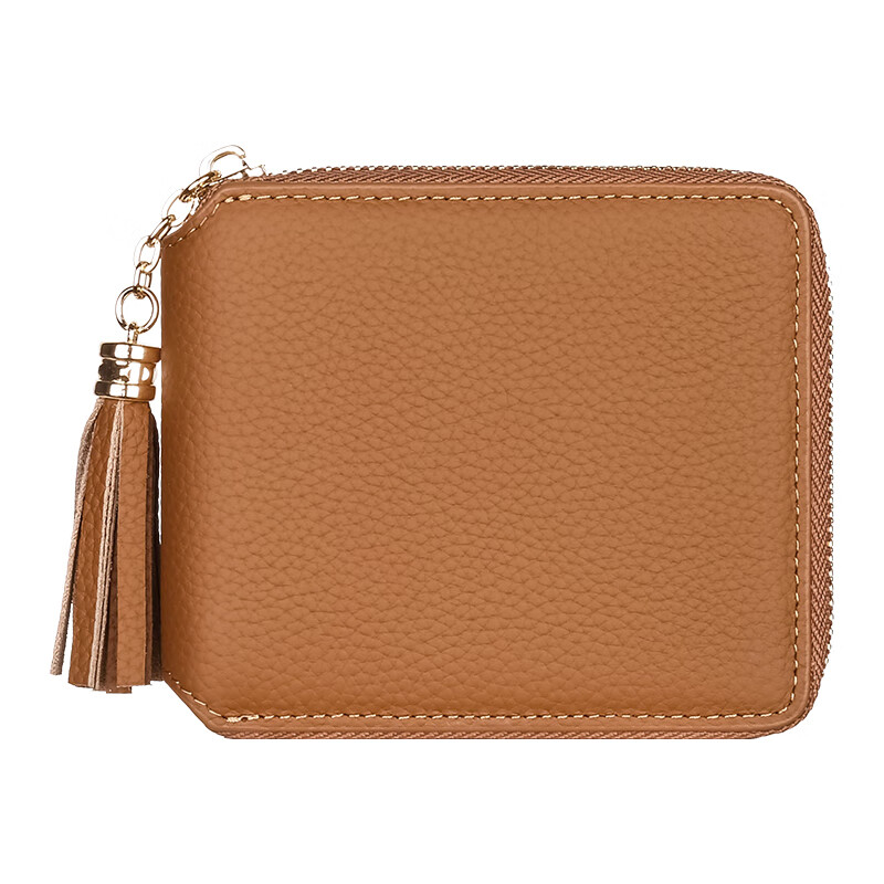 Gorola genuine leather wallet for women 2025 new fashion simple versatile coin purse card holder integrated zipper tassel driver's license Mocha brown - first layer cowhide anti-theft brush