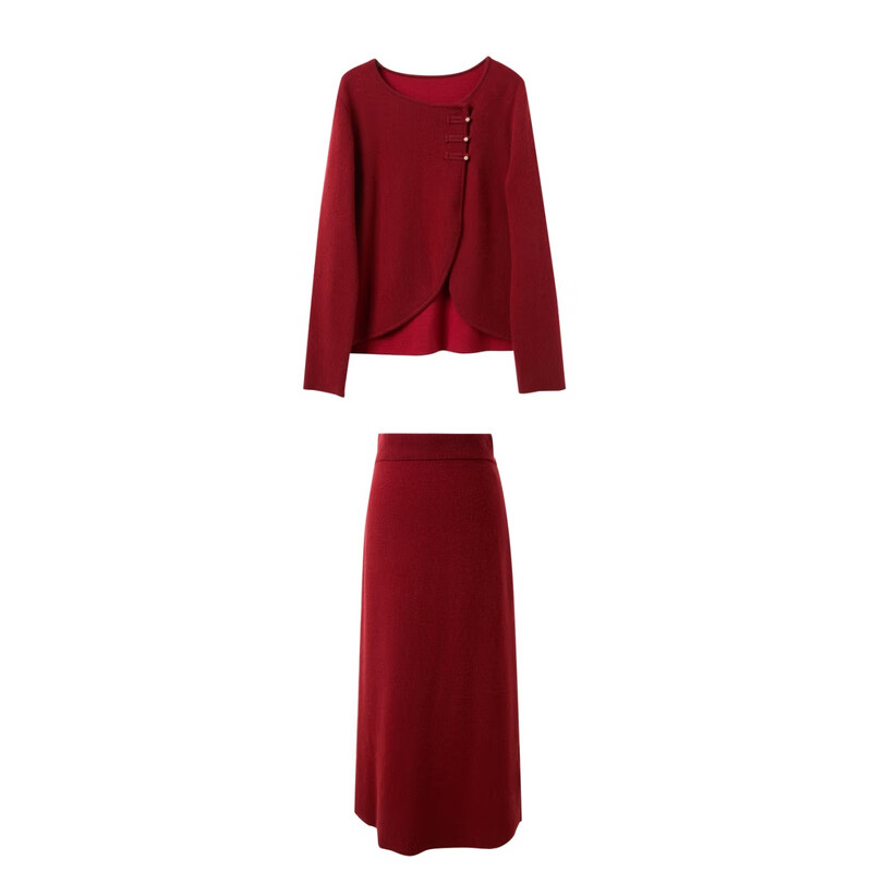 Sancai 2025 winter new Chinese style lucky red knitted suit sweater high waist skirt two-piece set M