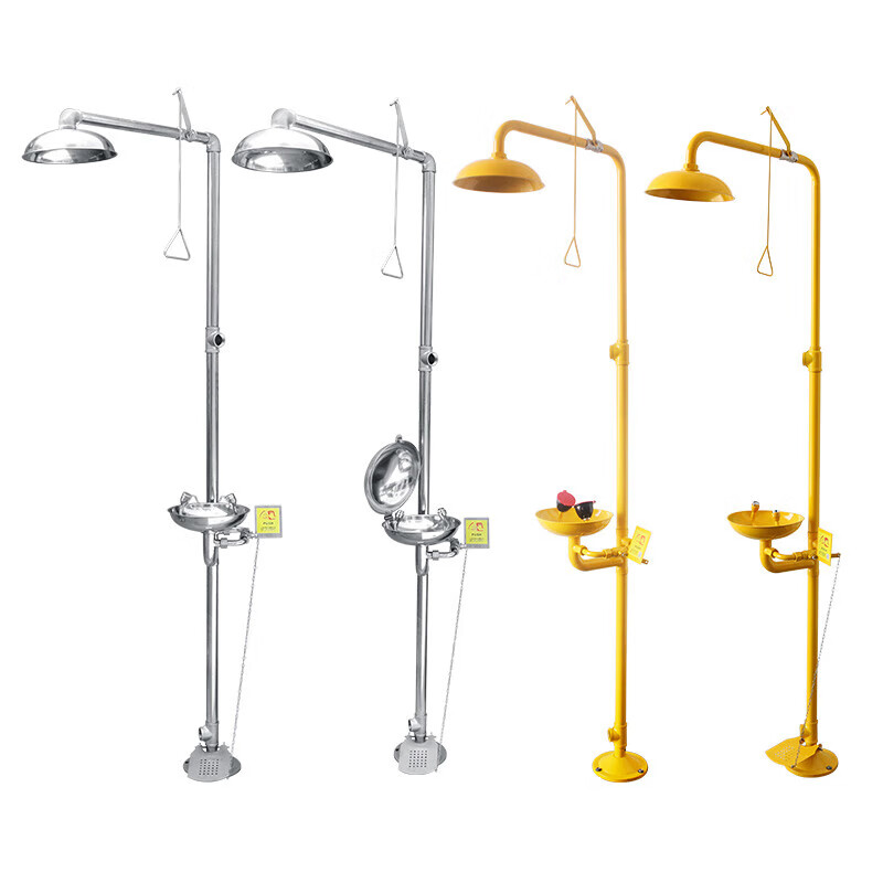 Shanghai-made 304 stainless steel covered emergency sprinkler factory inspection shower shower vertical eyewash station double water inlet ABS coating + pedal *1