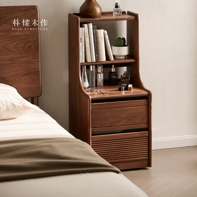 Pusu wood bedside table bedroom black walnut solid wood storage cabinet minimalist small cabinet narrow side cabinet Bandao bedside table丨Early March