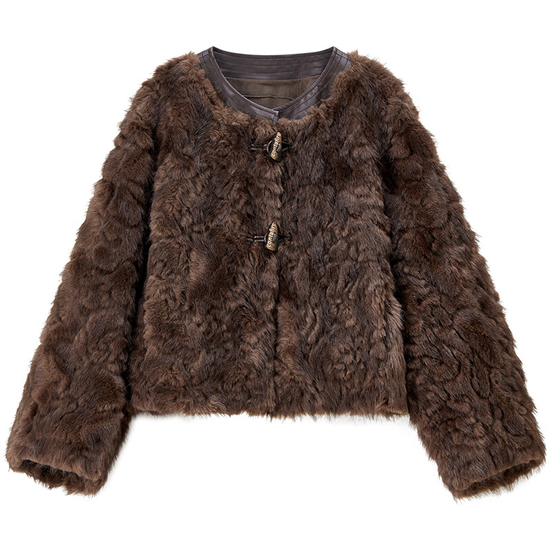 Shandubila Western Style Retro Style Plush Jacket Women's Winter Warm Round Neck Short Coat Contrast Color Horn Button Loose Shoulder Top