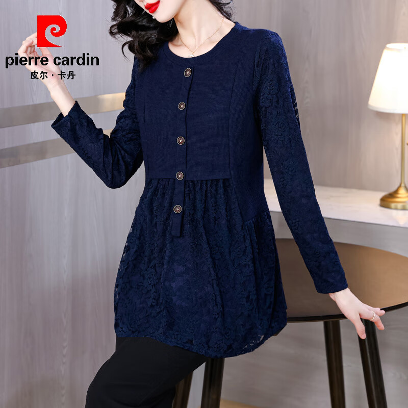 Pierre Cardin Thickened Lace Top Women's Butt Covering Mid-Length Bottoming Shirt Mom's Autumn and Winter Fashionable Inner Top, Brown Velvet, Thickened L (105-115 catties)