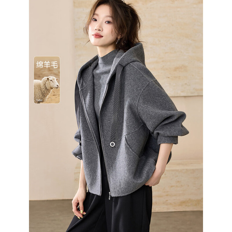 Mohan Yimei relaxed and lazy hooded double-sided woolen coat 25 winter casual high-end one-hand-length wool coat