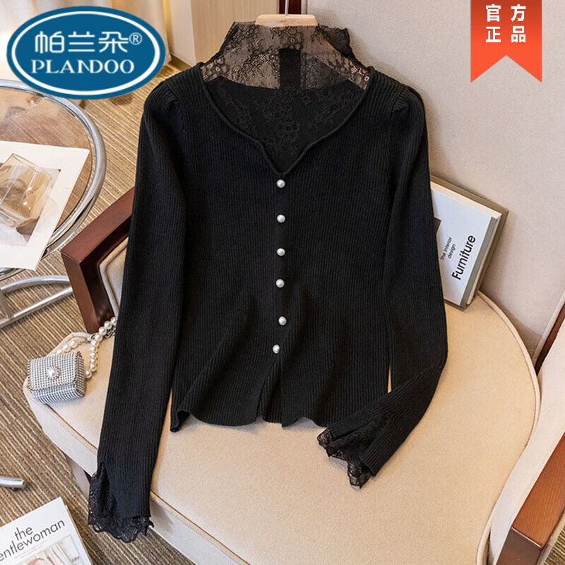 Palanduo Xiaoxiangfeng lace stitching long-sleeved bottoming shirt for women 2025 autumn and winter new style fake two-piece slimming tops white high quality L 105-120 pounds