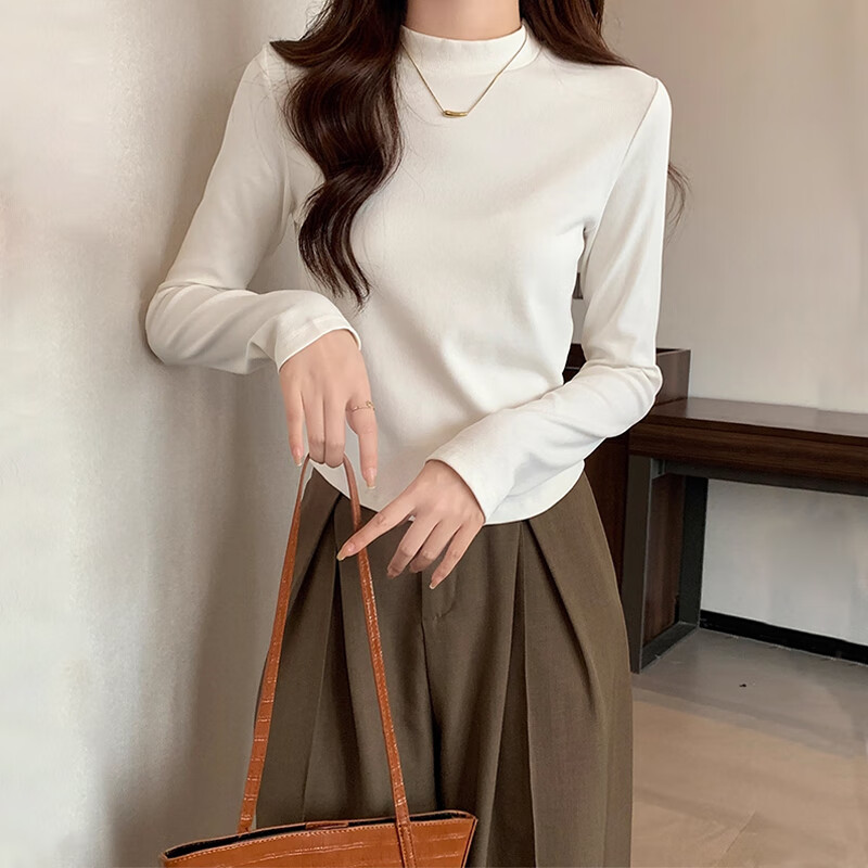 NOME German velvet half turtleneck bottoming shirt for women with long sleeves and autumn and winter half turtleneck scalloped hem top white M