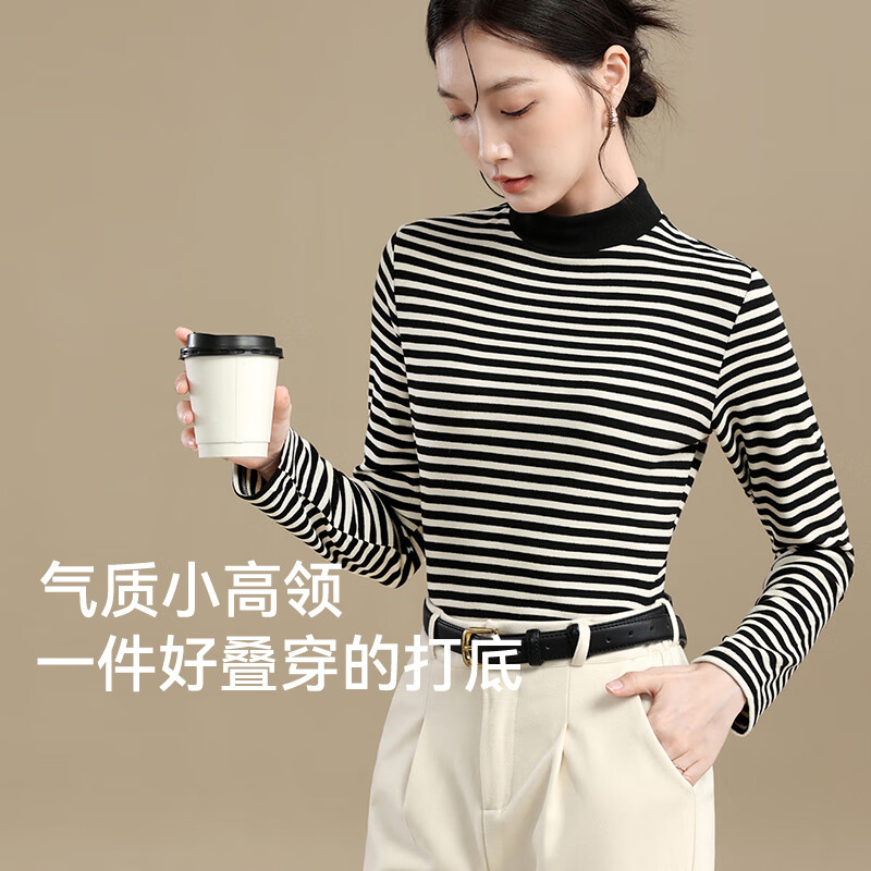 Catman half-turtle collar bottoming shirt for women with black and white stripes, autumn and winter long-sleeved advanced slim-fitting warm top