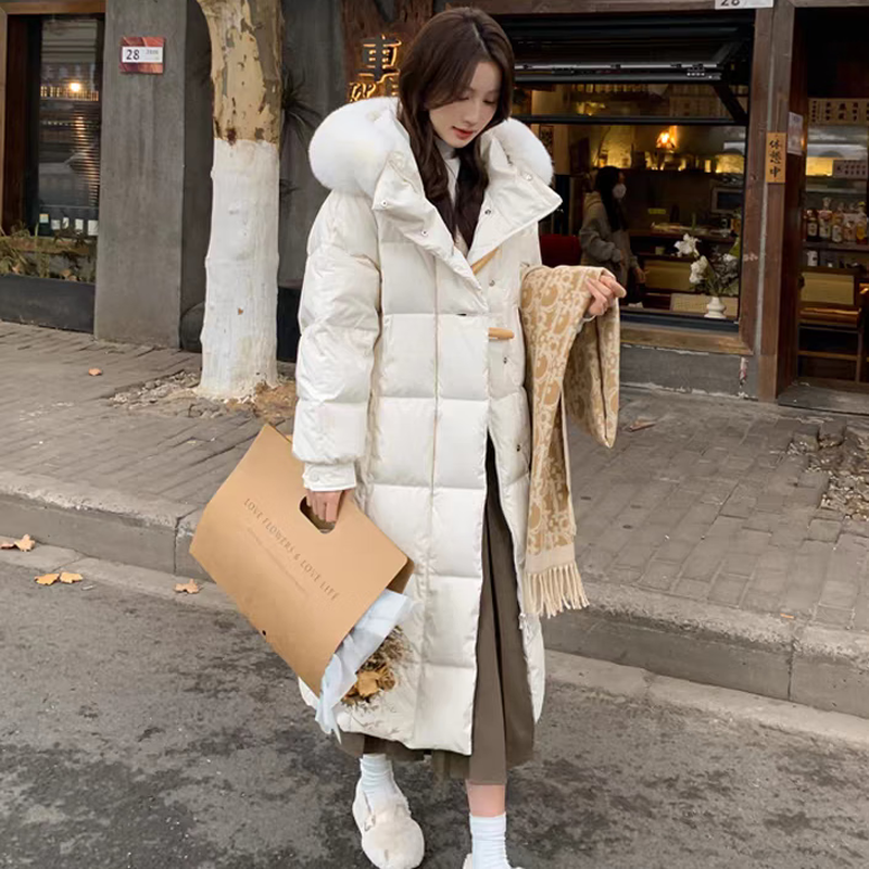 Laren Feiyun high-end brand down jacket women's mid-length 2025 winter new loose slimming small over-the-knee long coat cream yellow (real fox big fur collar) S 115 130 pounds