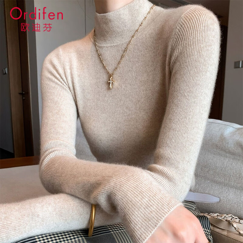 Odyfen wool knitted bottoming shirt for women with half-turtleneck sweater, slim long-sleeved, mid-collar, wearable top, autumn and winter black