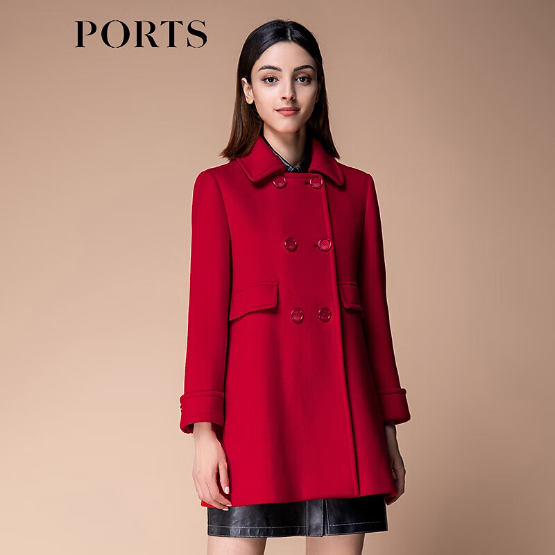 PORTS Women's Autumn and Winter New Double-breasted Red Woolen Jacket Red 2