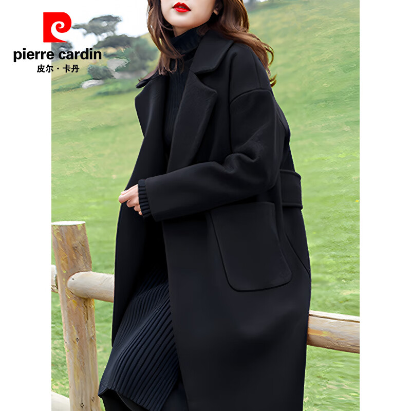 Pierre Cardin Korean style black lapel woolen coat for women autumn and winter plus size women's fat MM220 catties small person thickened woolen coat black woolen thickened S recommended under 90 catties