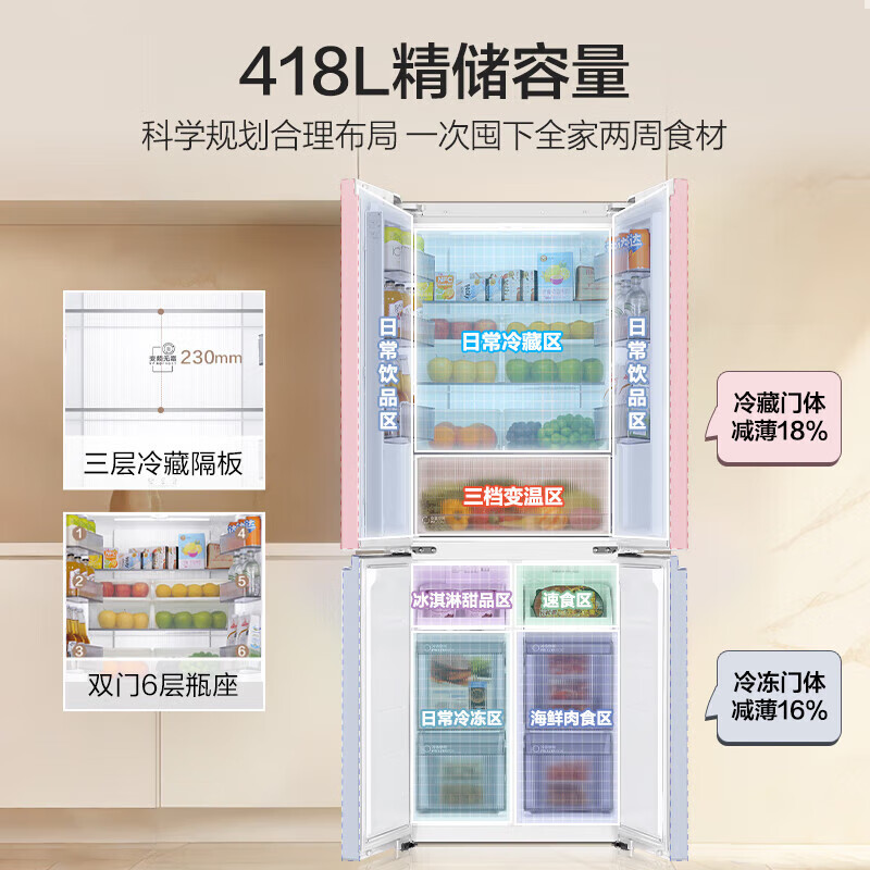 Haier refrigerator 418 liters cross-door ultra-thin zero-embedded white air-cooled frost-free first-class energy efficiency dual-frequency household large-capacity refrigerator small red flower subsidy 15% 70 wide + ultra-thin zero embedded + black gold purification