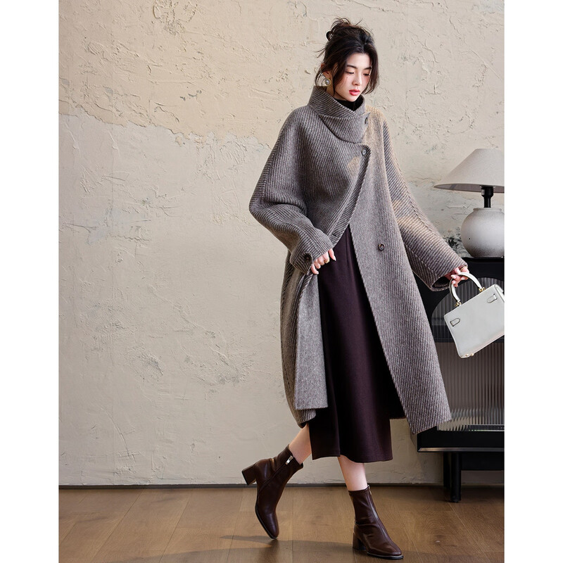 Demana Kochi Lady Winter Sheep Wool Diagonal Striped Double-sided Woolen Coat Stand Collar Long Women's Woolen Jacket