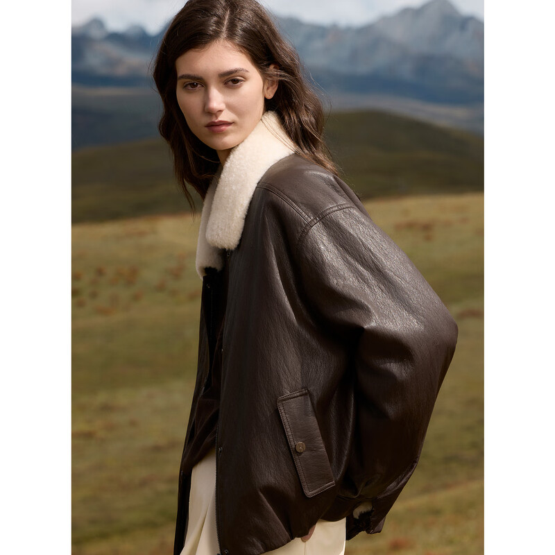 ELLE design plush lapel leather short jacket for women 2025 winter new high-end silhouette jacket top dark brown pre-sale M