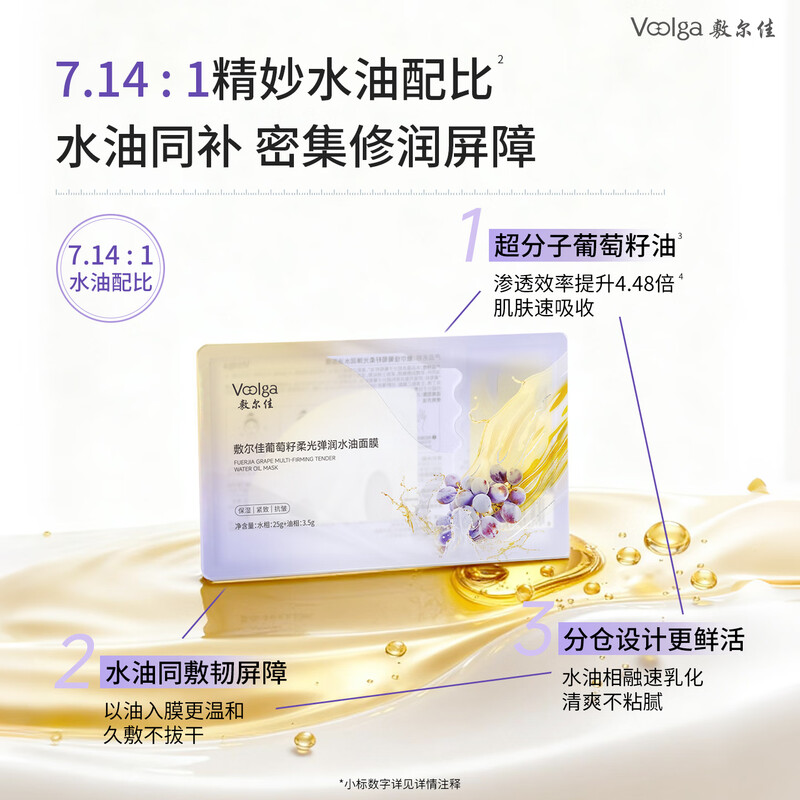 Fuljia's new blockbuster grape seed soft light elastic moisturizing oil dual-compartment facial mask 3 boxes anti-wrinkle firming Valentine's Day gift