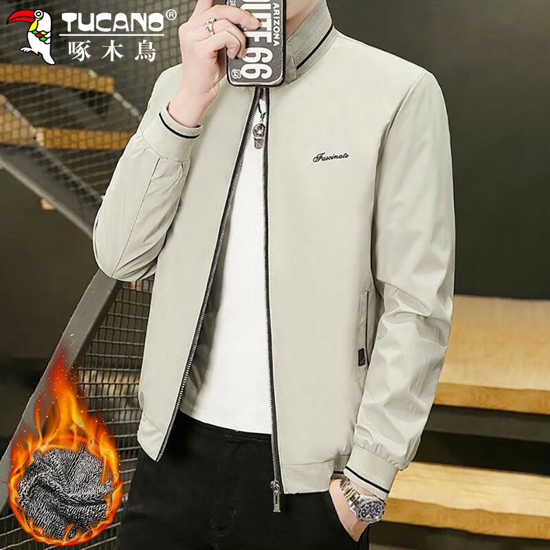 Woodpecker (TUCANO) Jacket Men's Jacket Men's Autumn and Winter Trendy Business Casual Executive Windproof Top Men's Khaki Velvet XL
