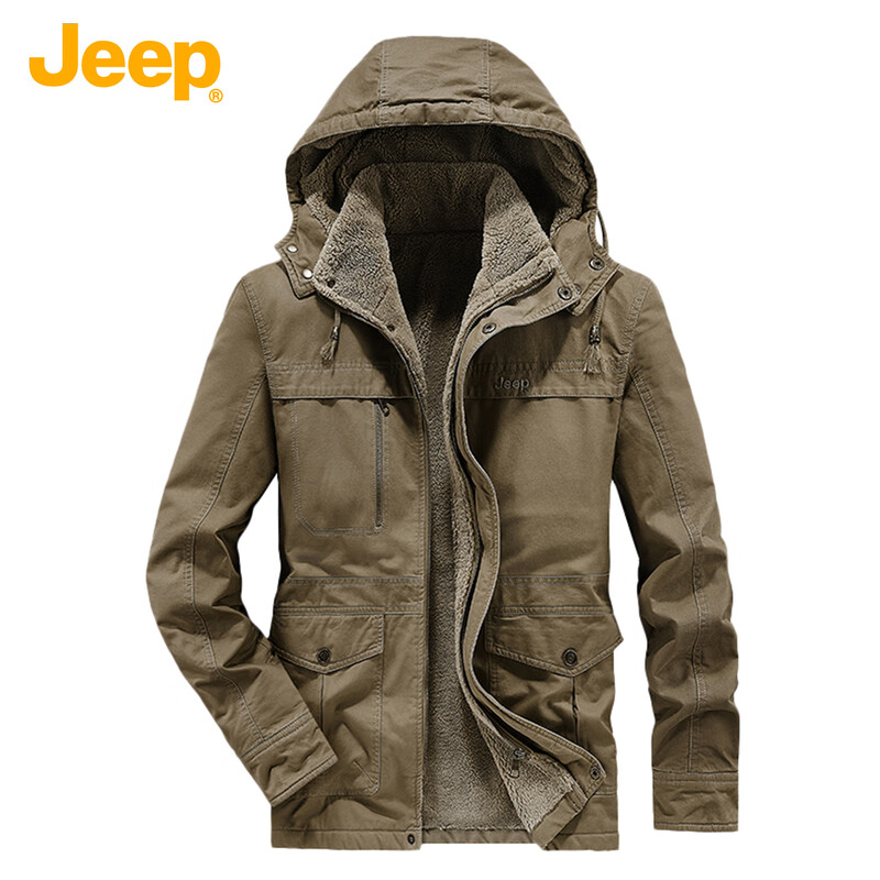 JEEP Men's Hooded Stand Collar New Cotton Clothes Autumn and Winter Versatile Plus Velvet Thickened Casual Loose Retro Handsome Commuting Jacket