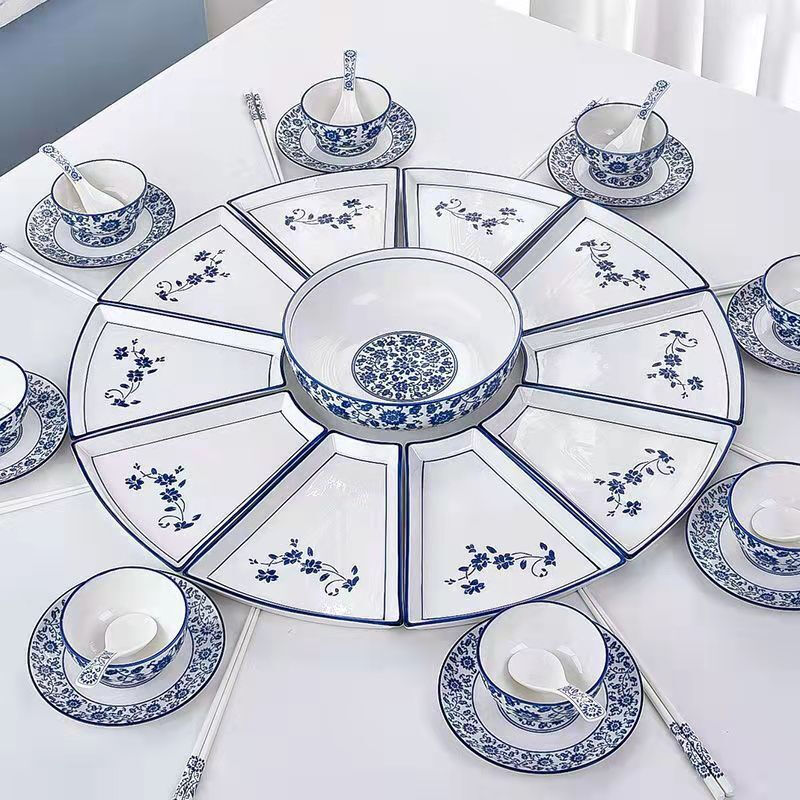 Kamanpai set Internet celebrity set Reunion platter tableware combination fan-shaped ceramic round table New Year plate dish plate household dishes blue and white 70 fan-shaped 11-piece set with Tai Chi plate