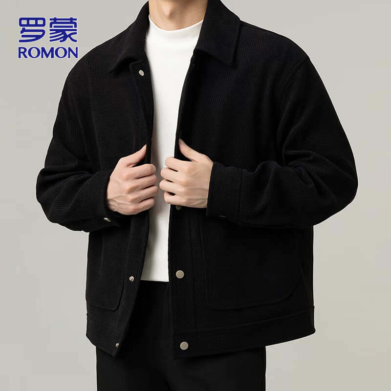 ROMON jacket men's autumn and winter trendy casual loose lapel jacket men's versatile clothes men's black XL